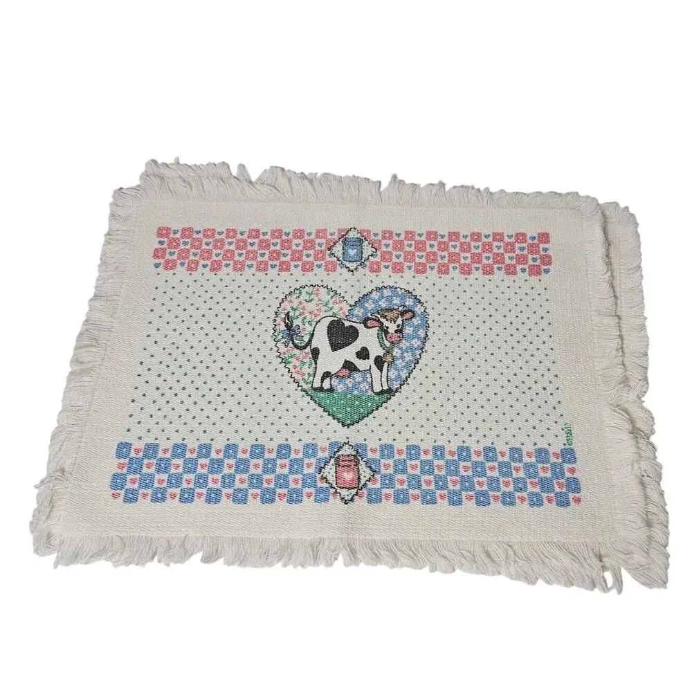Vintage 80s B&D Country Cow Heart Fringed 4 Placemats Cottage Core